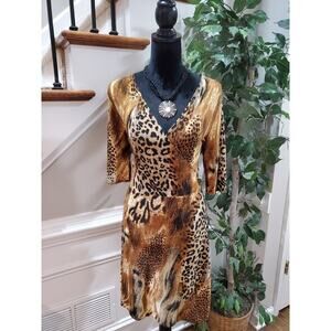 Promises Promises Women's Brown Polyester V-Neck Half Sleeve Knee Length Dress L